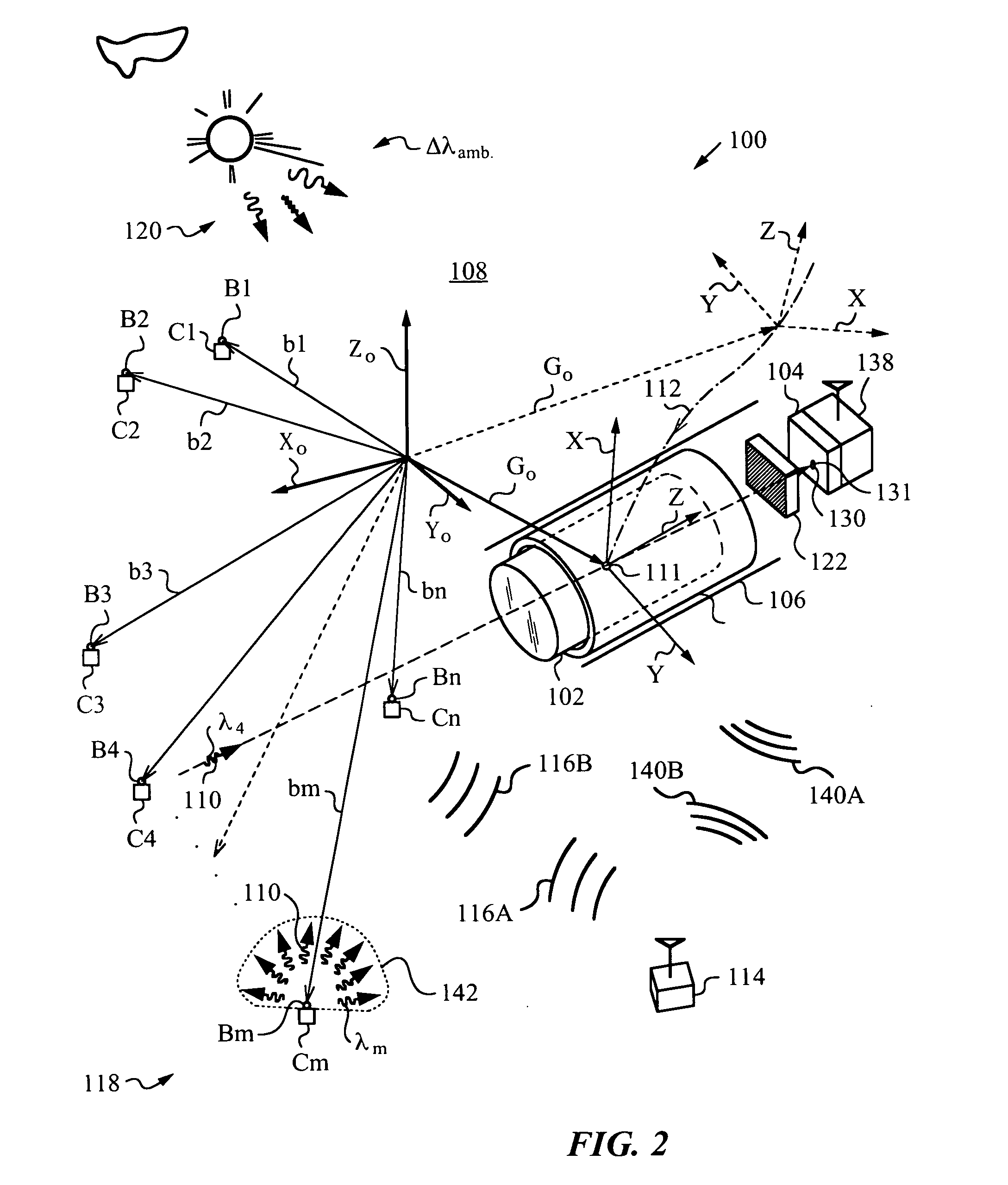 Optical navigation apparatus using fixed beacons and a centroid sensing device