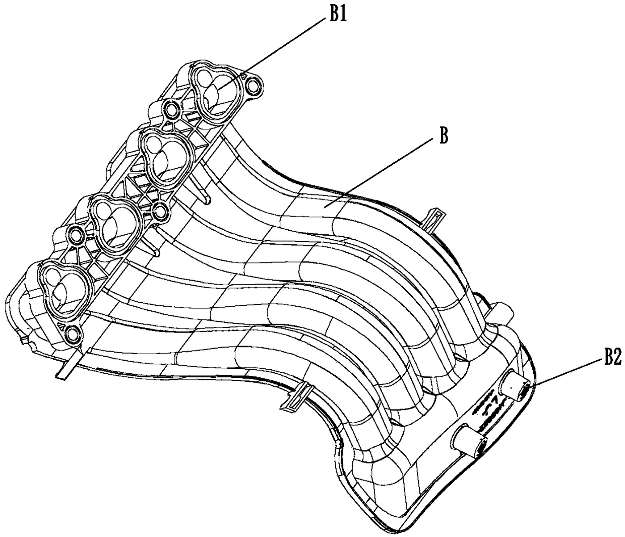 Injection molding mold for plastic manifold for engine air intake system of miniature car