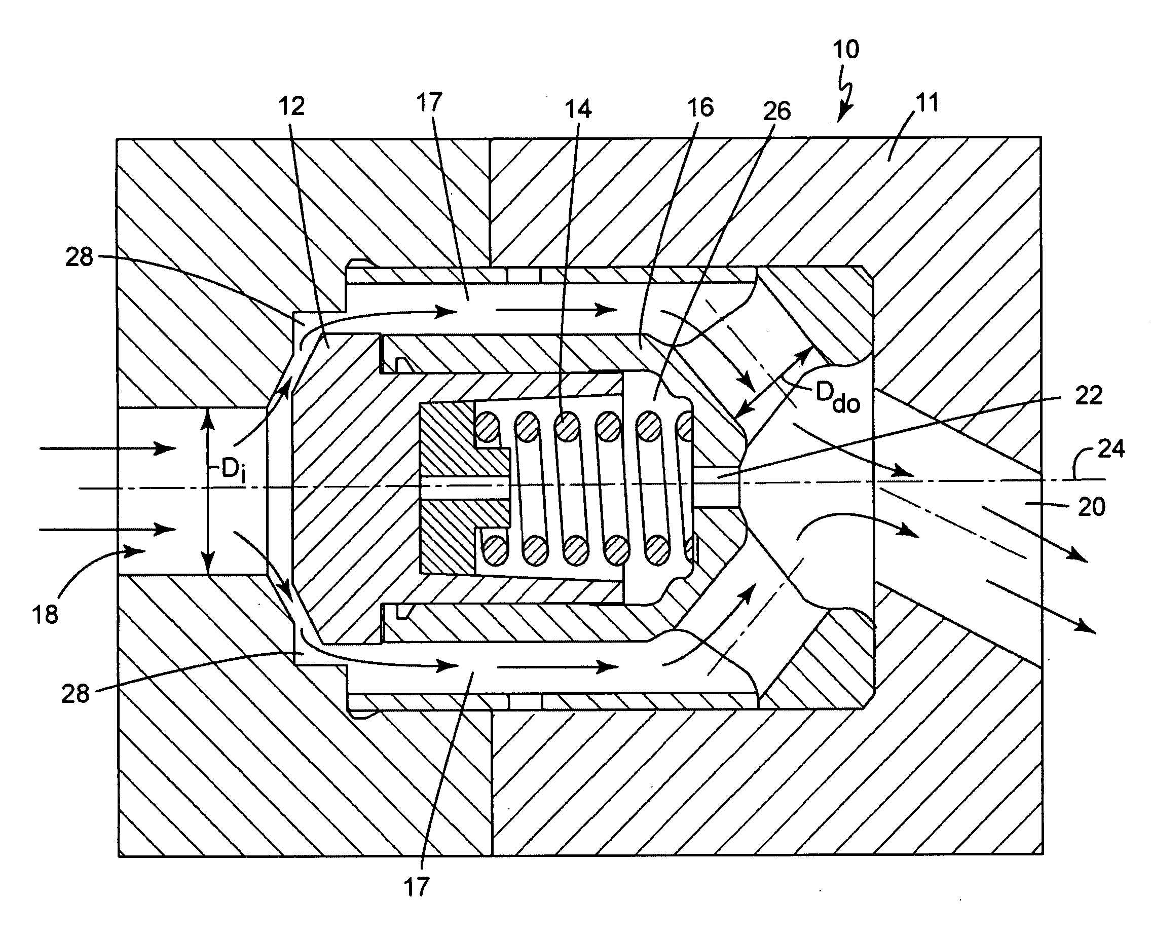 Poppet valve with sloped purge holes and method for reducing a pressure force therein