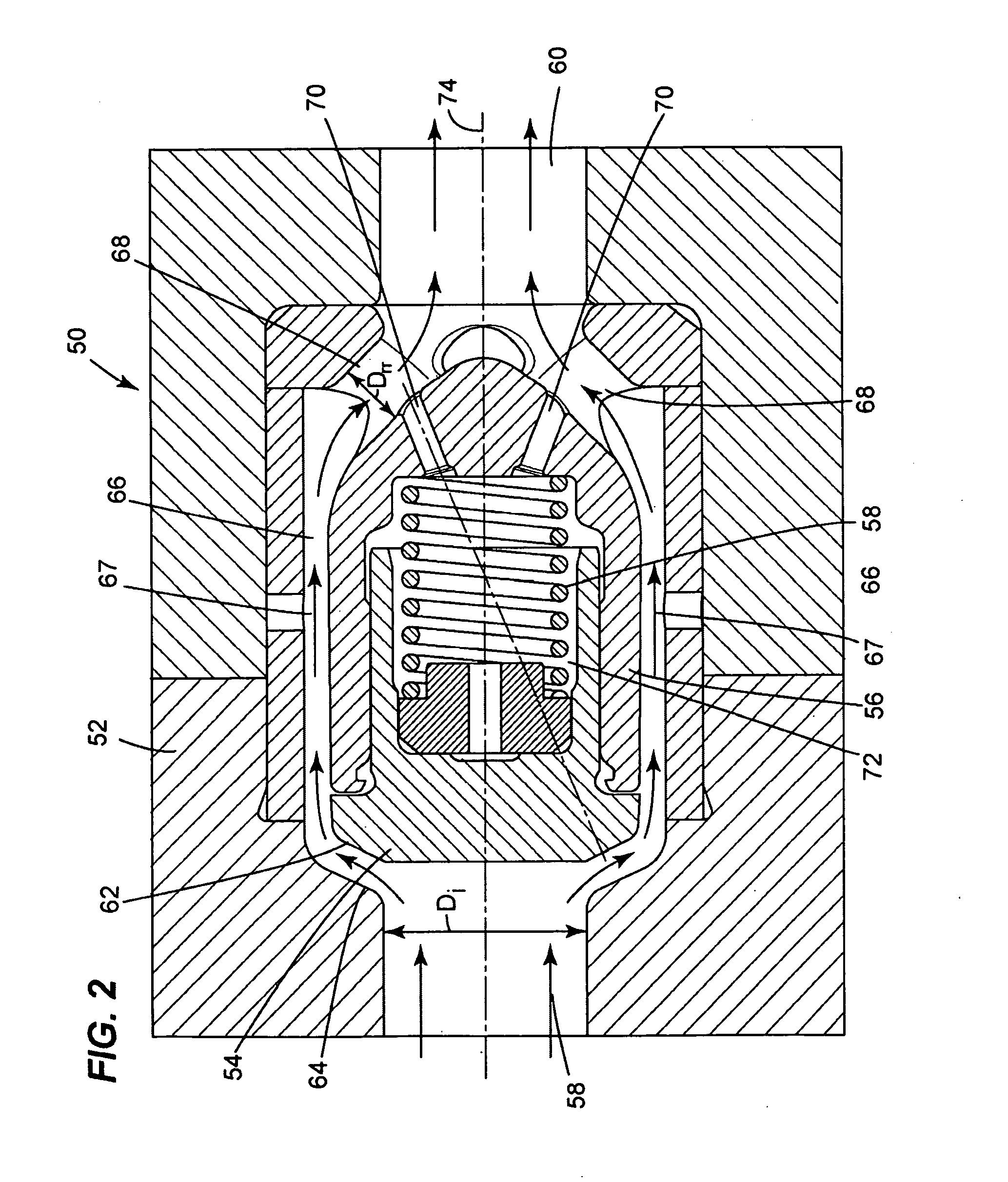 Poppet valve with sloped purge holes and method for reducing a pressure force therein