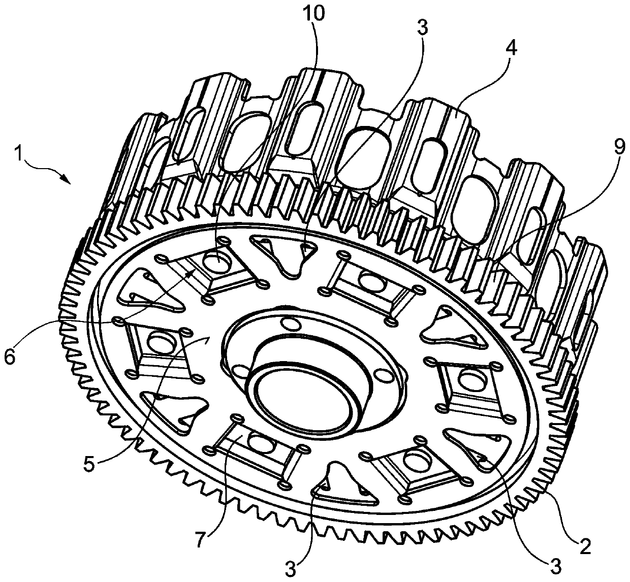 Clutch cage arrangement having primary gearwheel and having stamped indentation, projecting into said primary gearwheel, of counterpart plate or of disk
