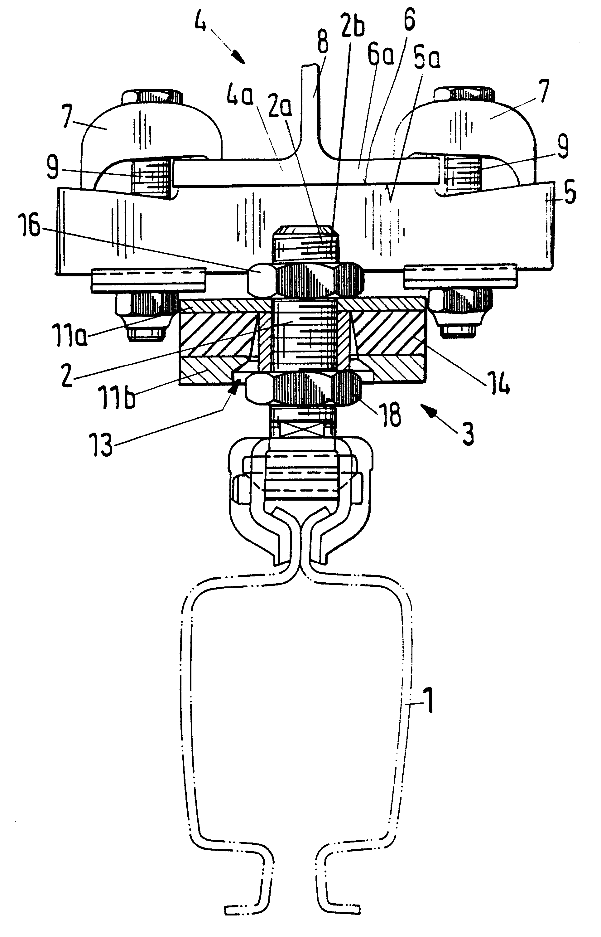 Device for suspension of a hollow section rail which opens downward in a suspension crane