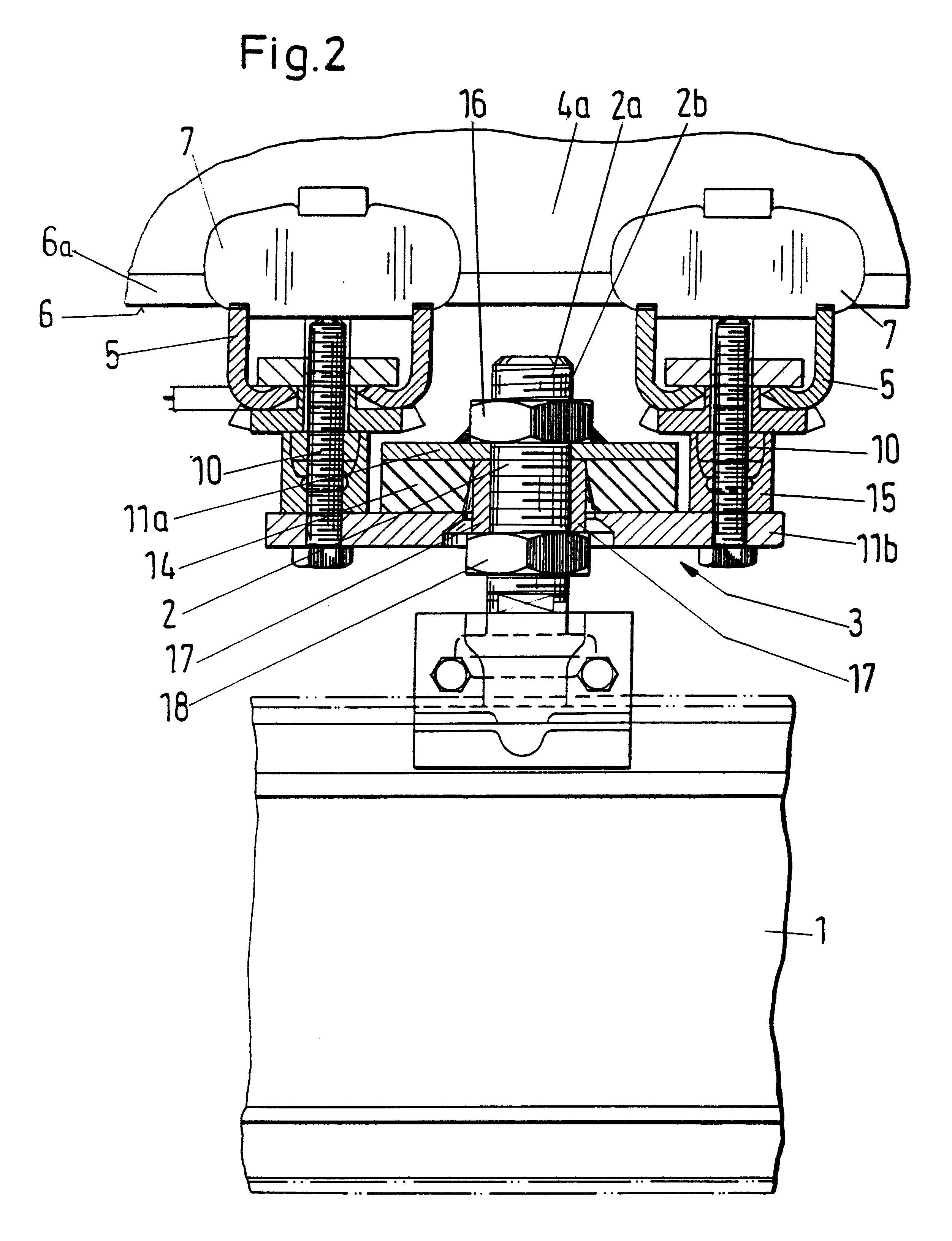 Device for suspension of a hollow section rail which opens downward in a suspension crane