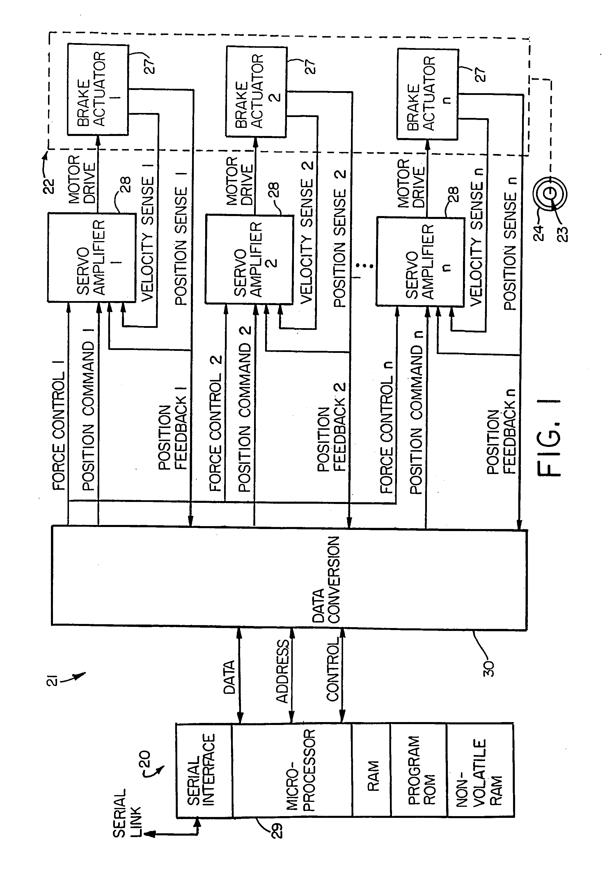 Electronic aircraft braking system with brake wear measurement, running clearance adjustment and plural electric motor- actuator ram assemblies