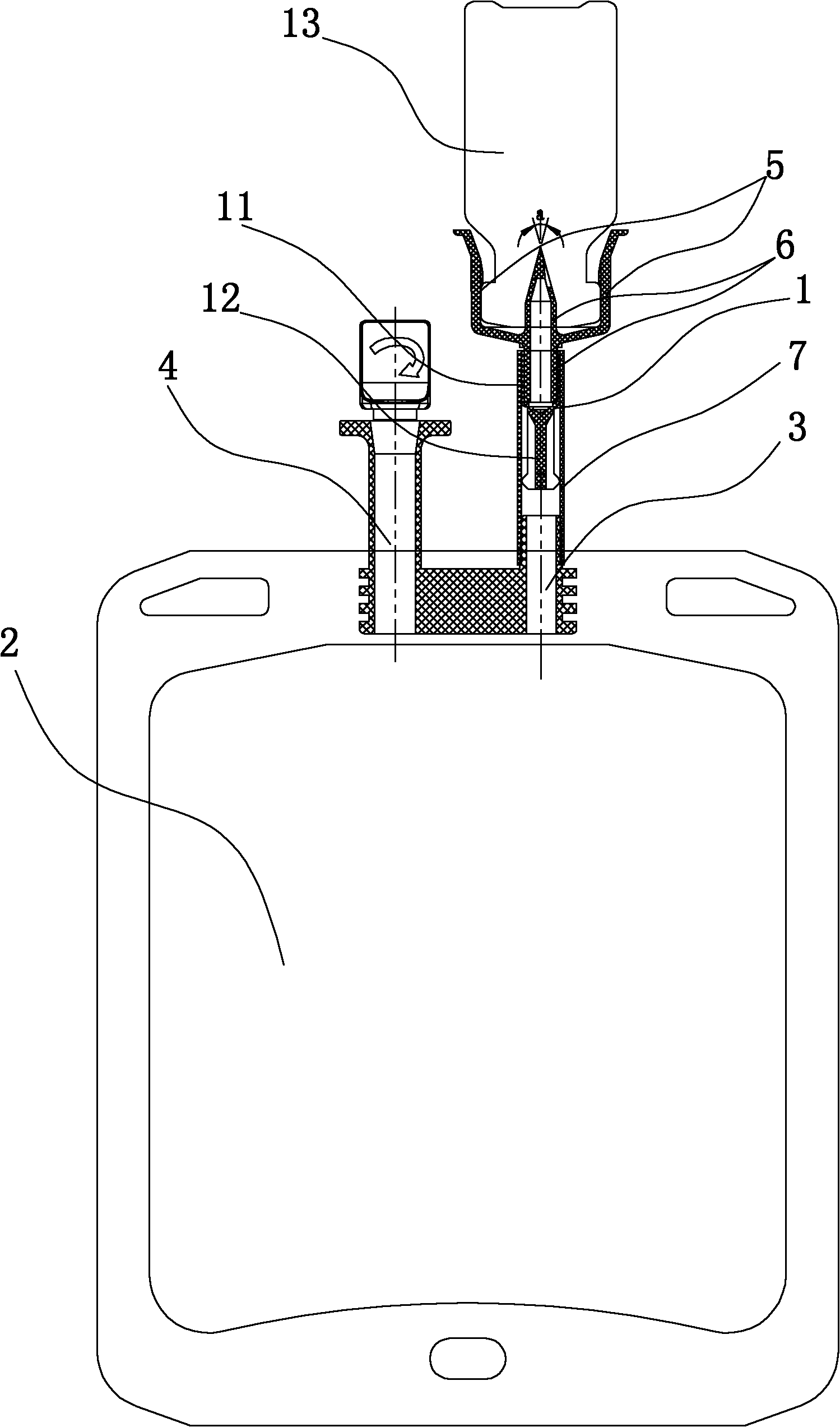 Drug-mixing connector for plastic infusion soft bag