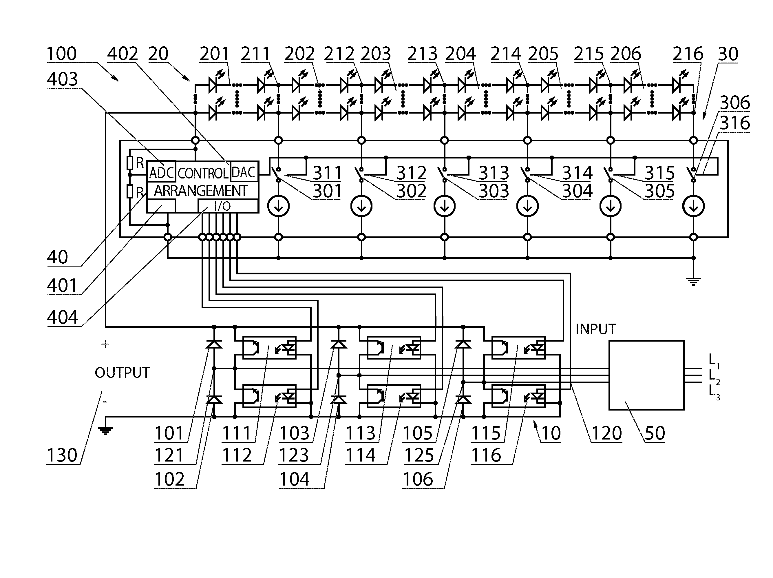 Three-phase power supply and system of leds with three-phase power supply