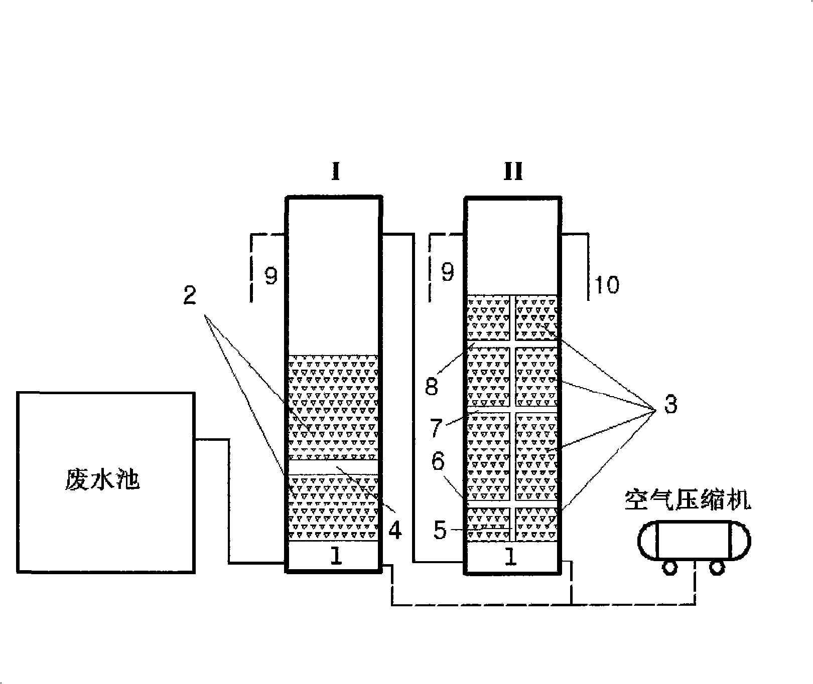 Tandem type two-stage three-segment aerating biological filter