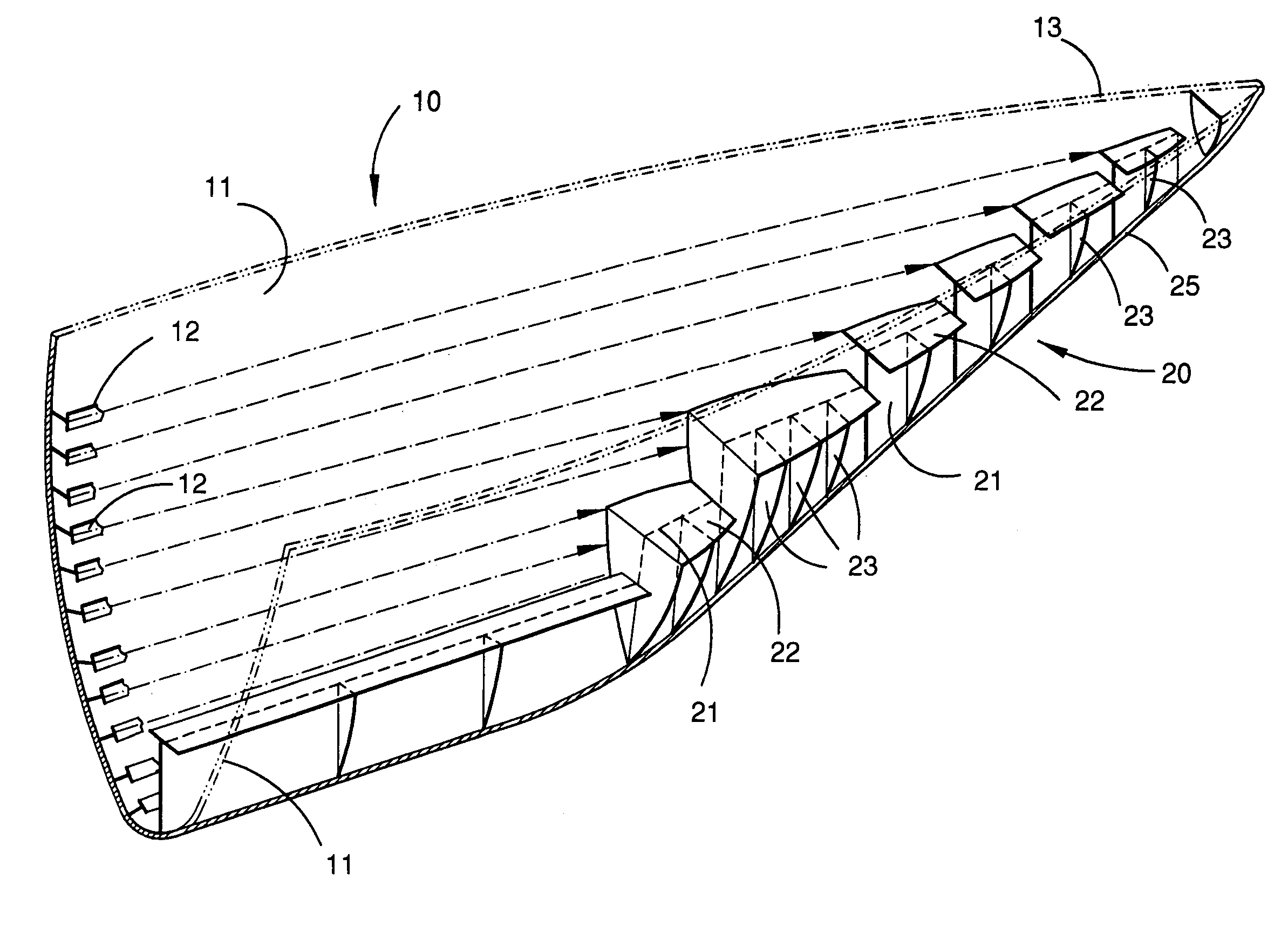 Hull construction for side hulls of trimaran and the like
