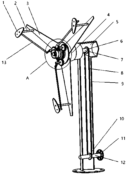 Horizontal axis draught fan with small blades capable of periodically swinging