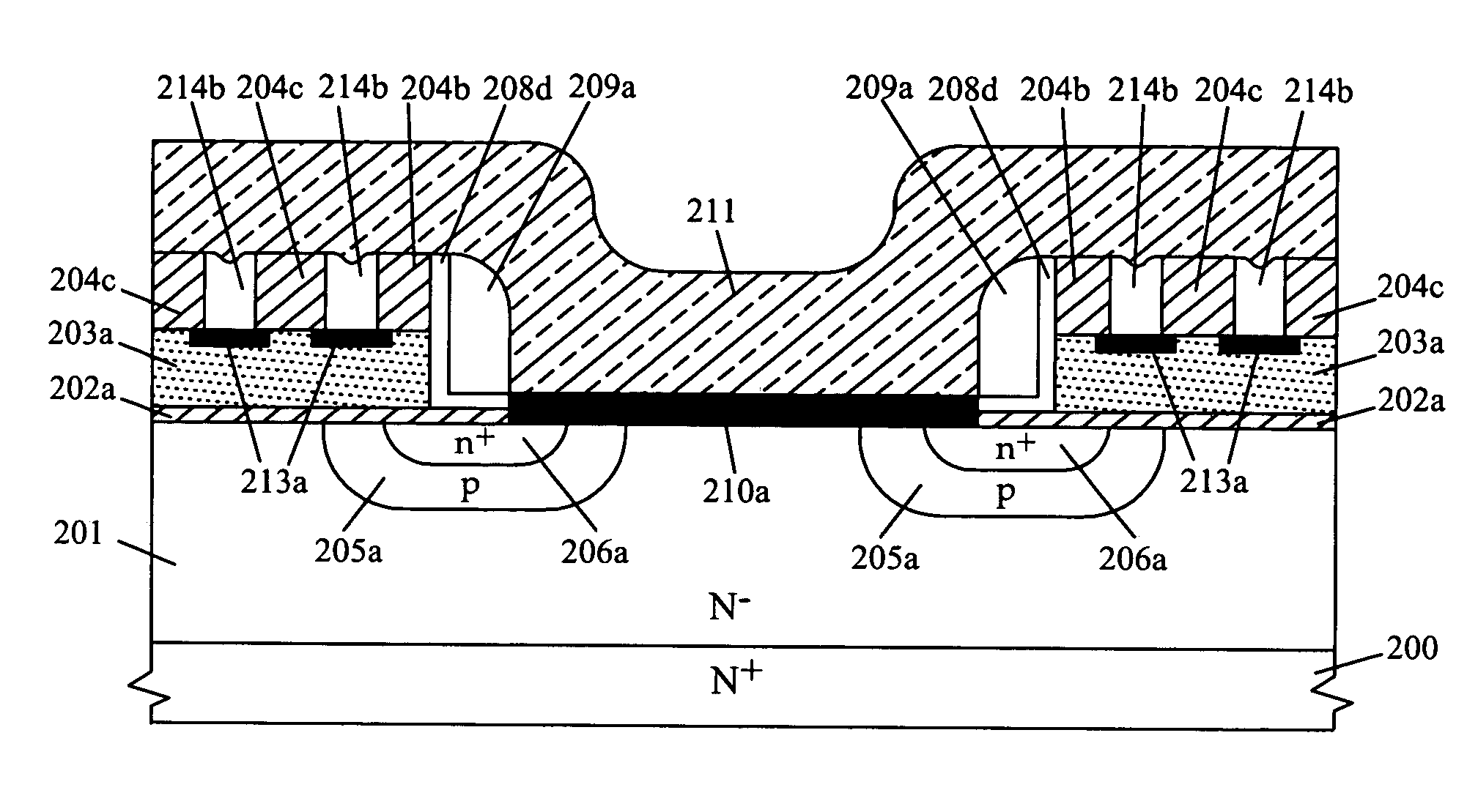 Self-aligned Schottky-barrier clamped planar DMOS transistor structure and its manufacturing methods