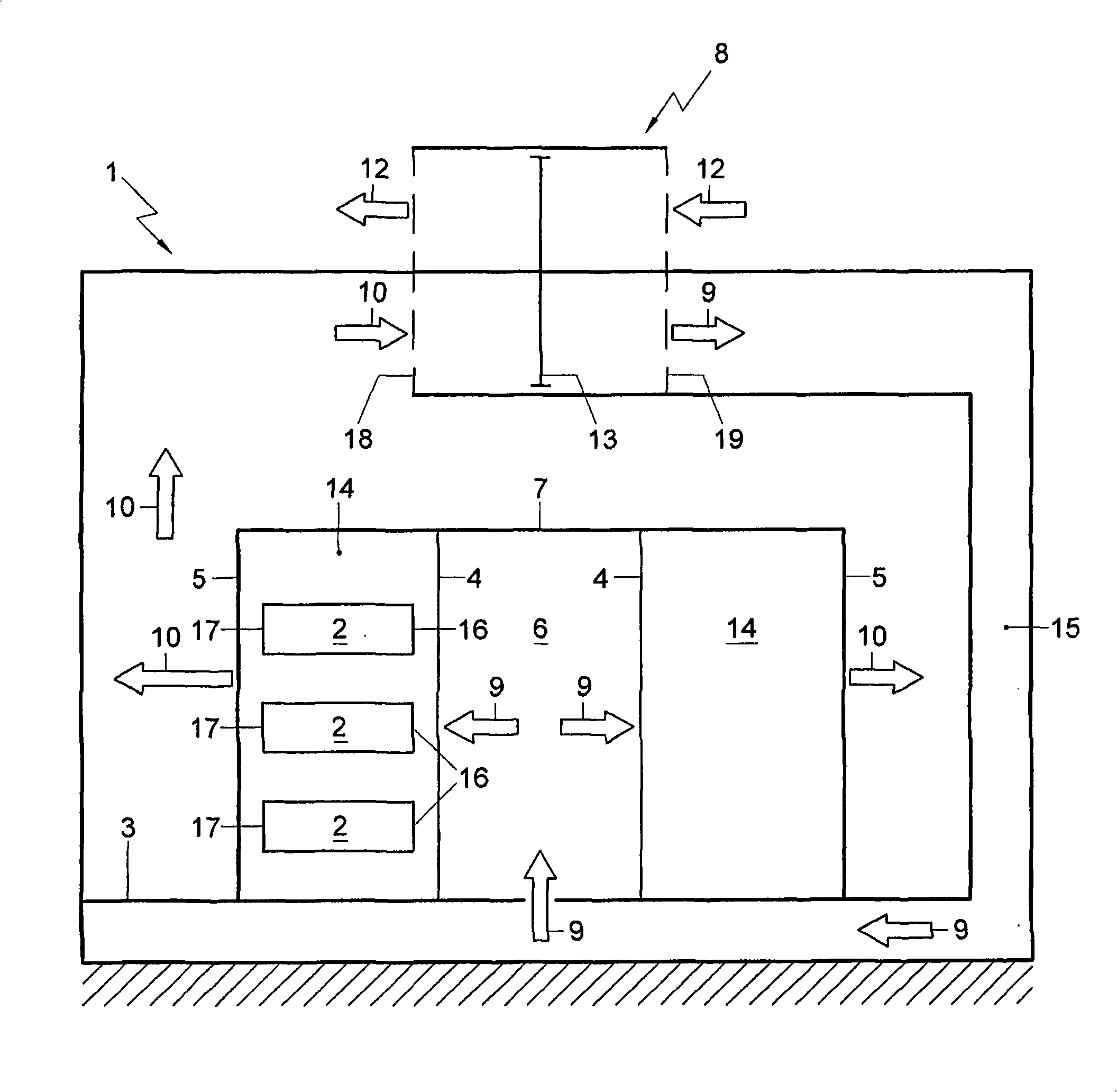 Apparatus and method for cooling a space in a data center by means of recirculation air