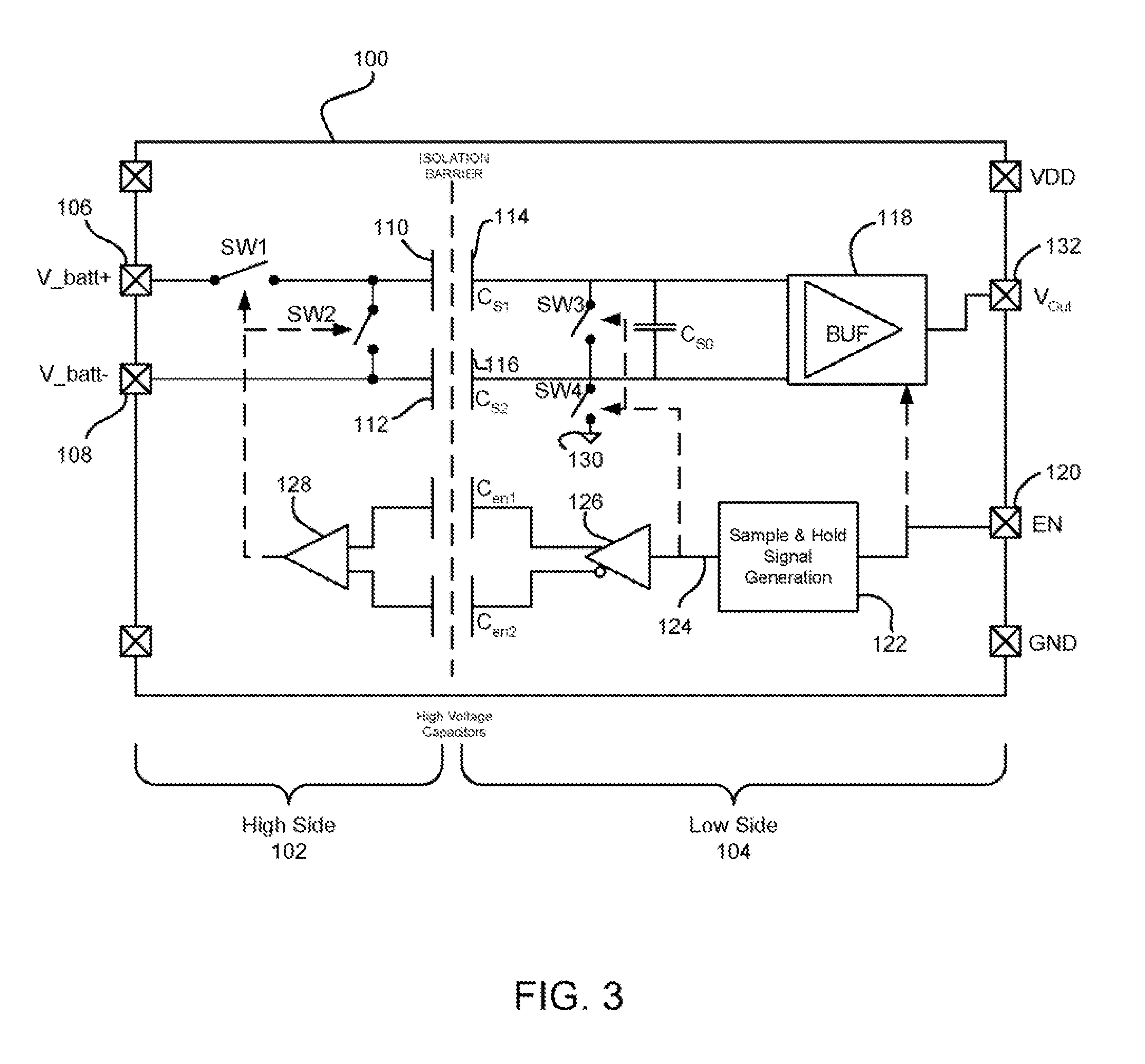 Integrated Battery Voltage Sensor with High Voltage Isolation, a Battery Voltage Sensing System and Methods Therefor