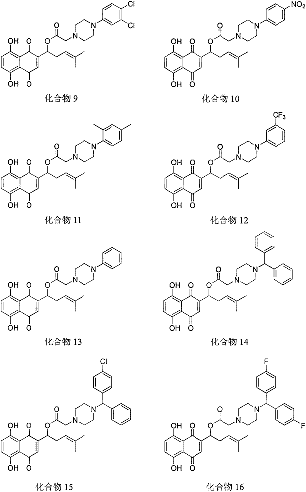 Shikonin piperazine acid ester derivatives as well as synthetic method and application thereof