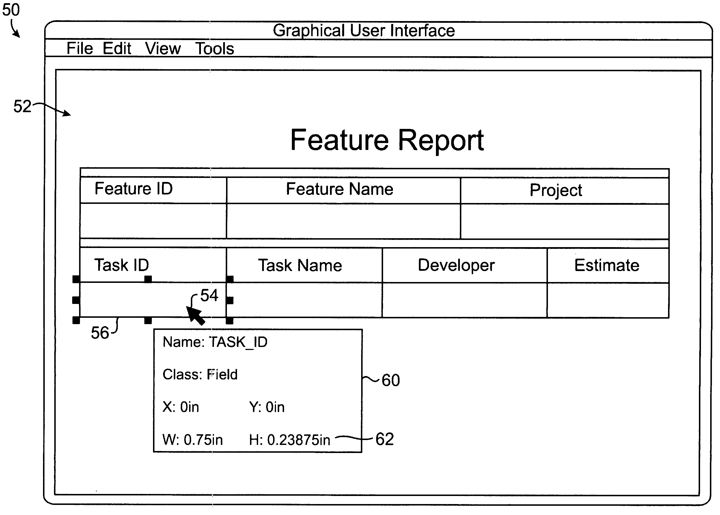 Interactive object property region for graphical user interface