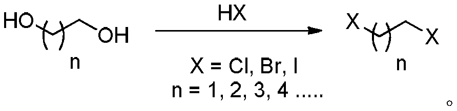 Continuous method for preparation of dihalogenated alkane from diol compound