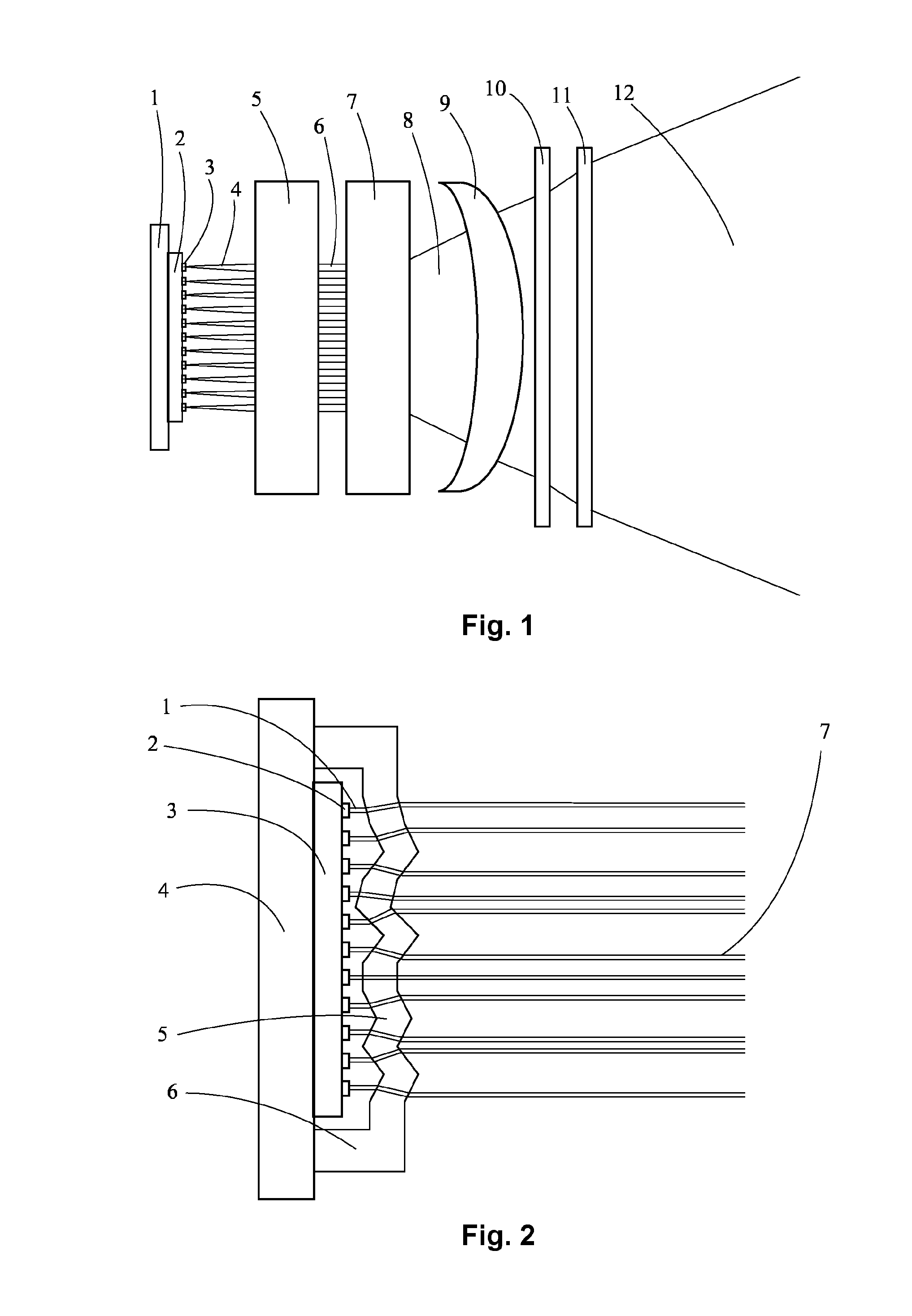 Optical system generating a structured light field from an array of light sources by means of a refracting or reflecting light structuring element
