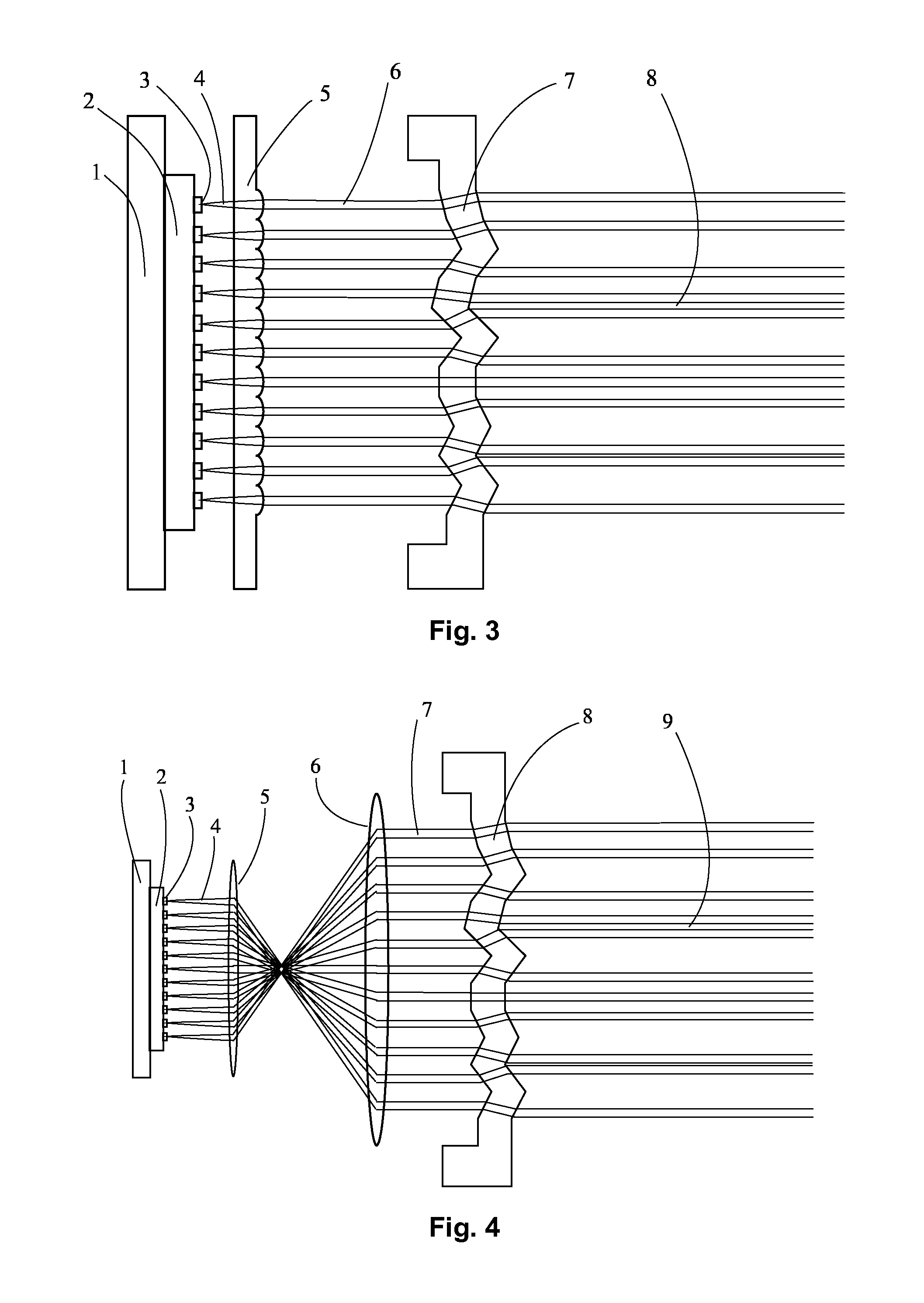 Optical system generating a structured light field from an array of light sources by means of a refracting or reflecting light structuring element
