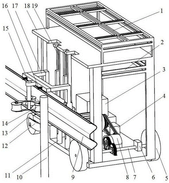 Self-propelled type work platform with corrugated beam barrier of highway as guide rail and obstacle crossing function