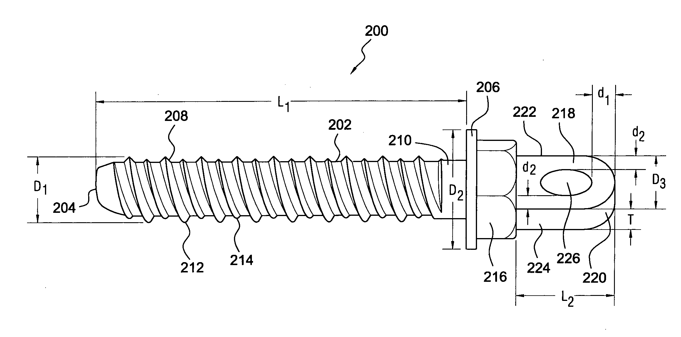 Threaded anchor having a head portion comprising a hexagonally configured drive section, and an integral projection having a transverse bore formed therein
