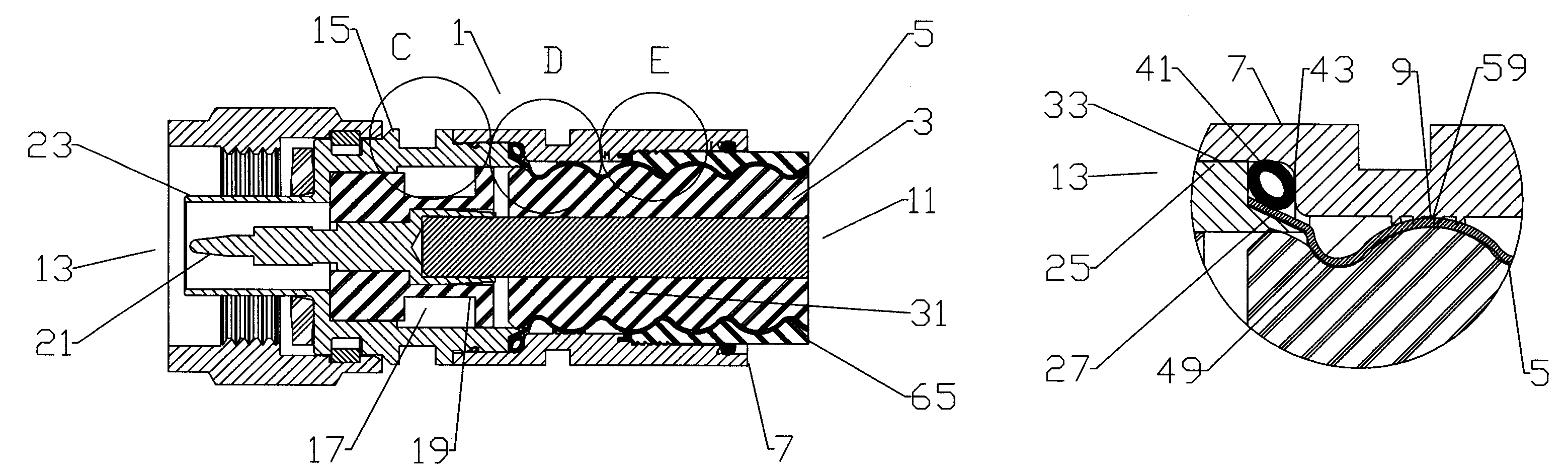 Axial compression coaxial connector with grip surfaces