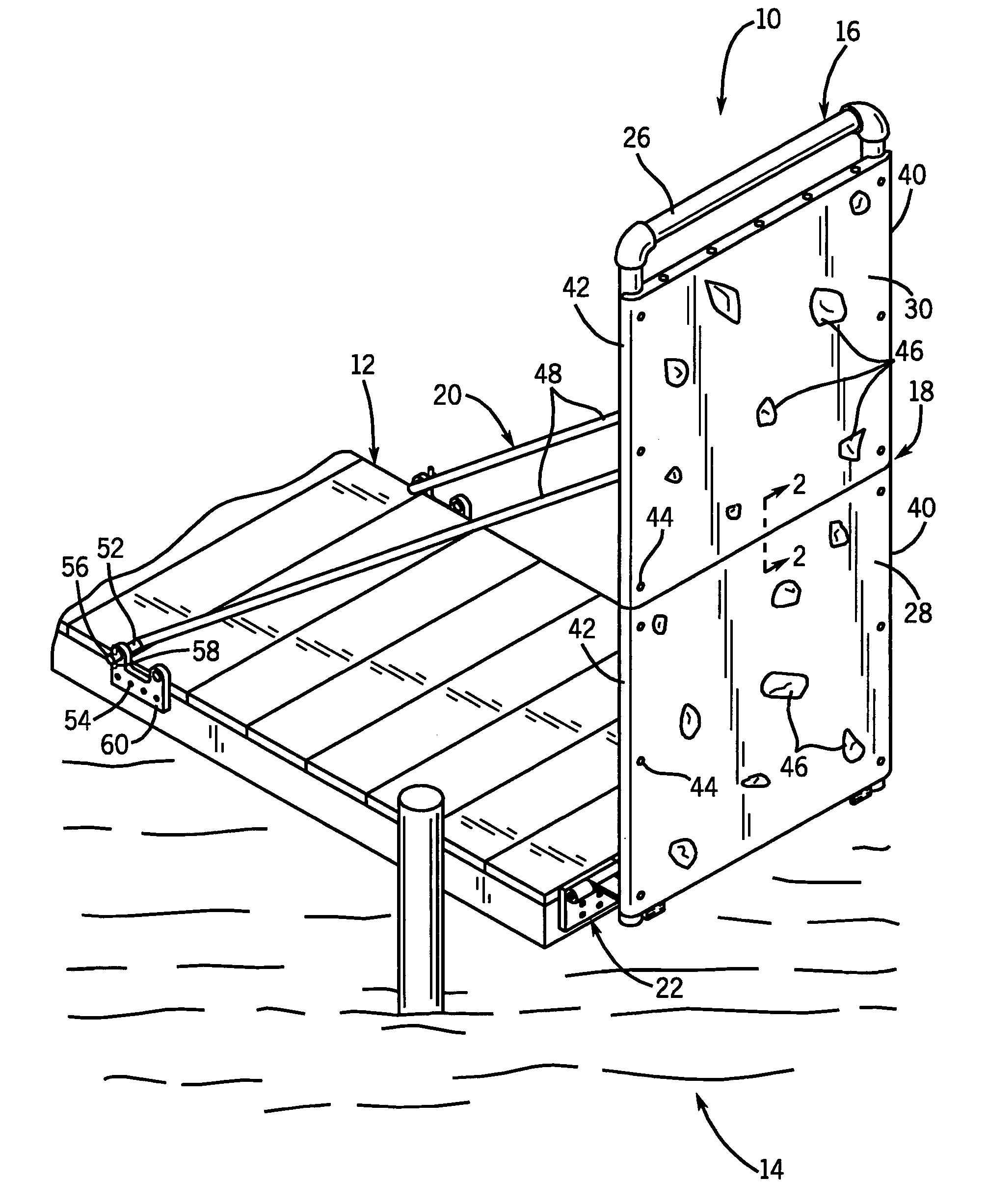 Artificial rock climbing arrangement adapted for water environment