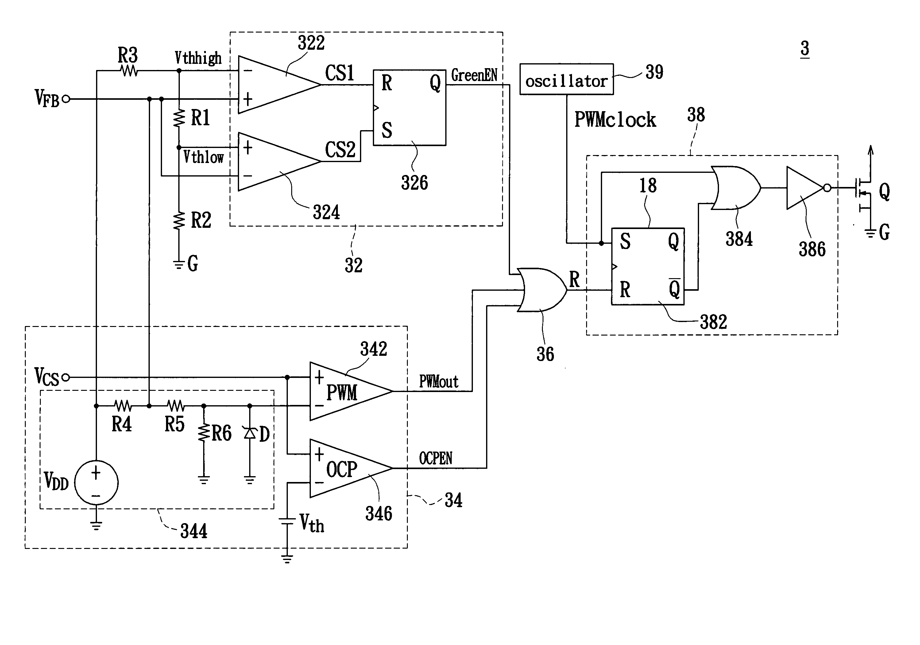 Pulse width modulation device with a power saving mode controlled by an output voltage feedback hysteresis circuit