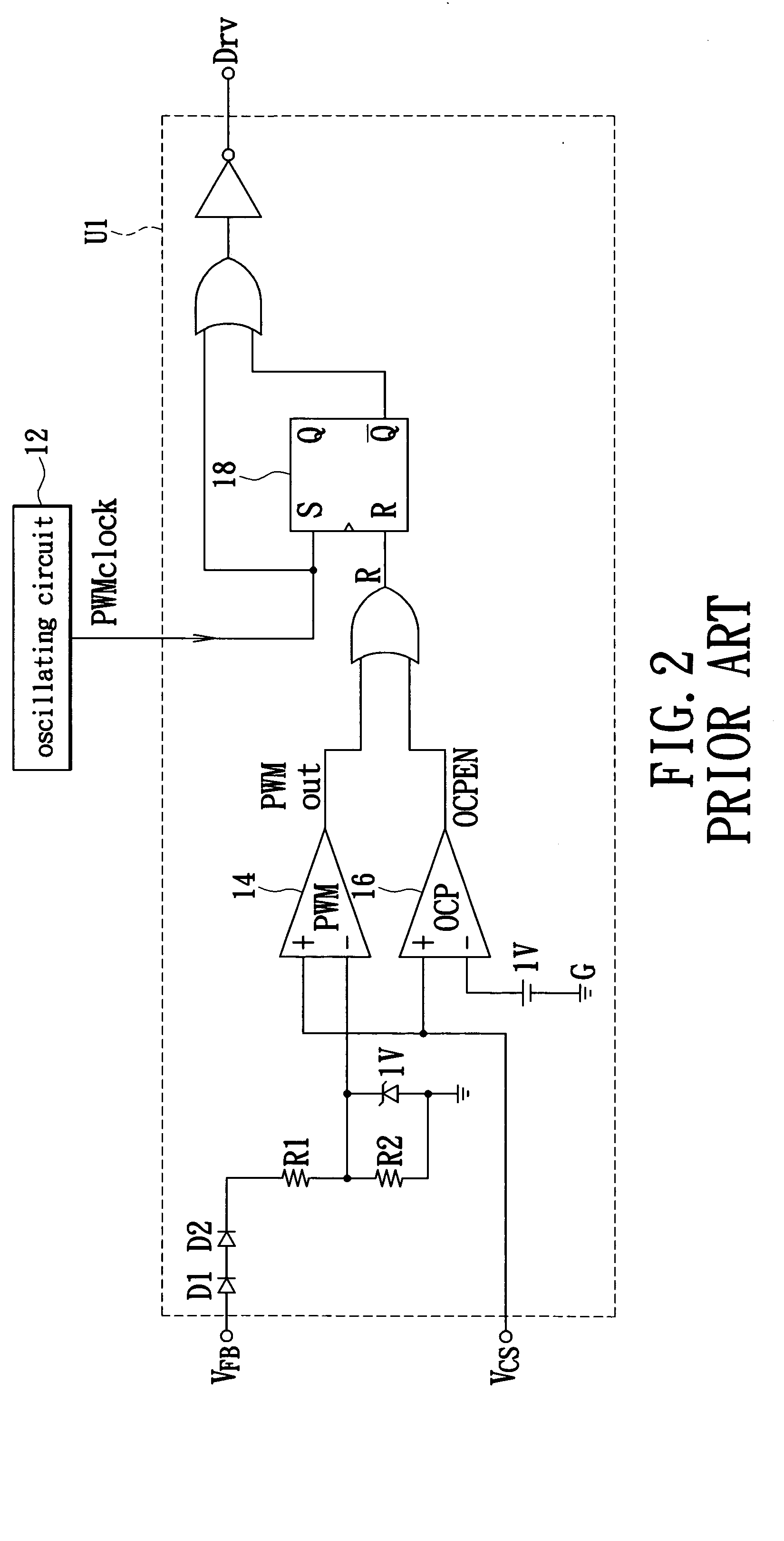Pulse width modulation device with a power saving mode controlled by an output voltage feedback hysteresis circuit