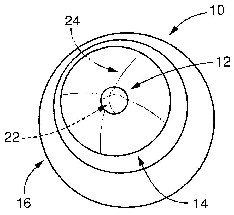 Toric multifocal lens having different astigmatism corrective optical powers in respective vision correction regions, and method of producing the same