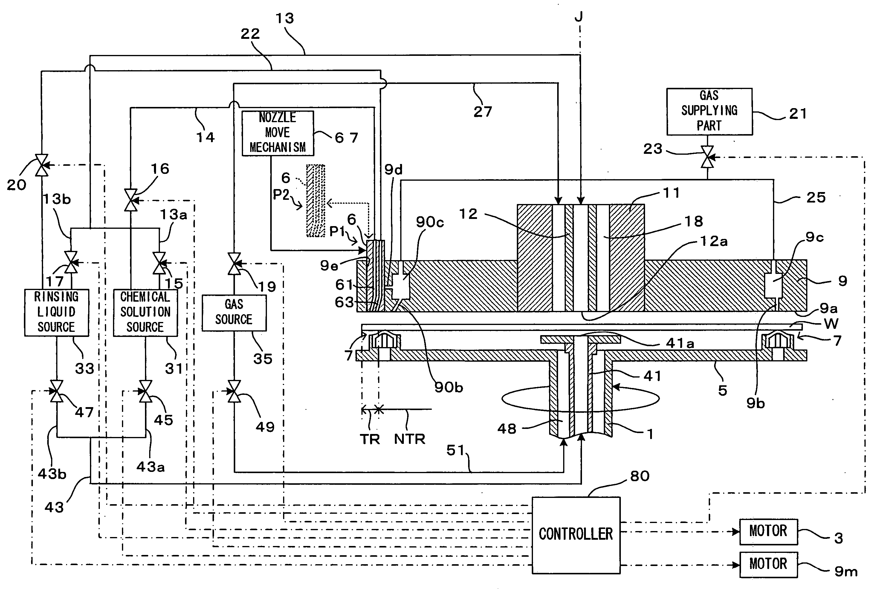 Apparatus for and method of processing a substrate with processing liquid