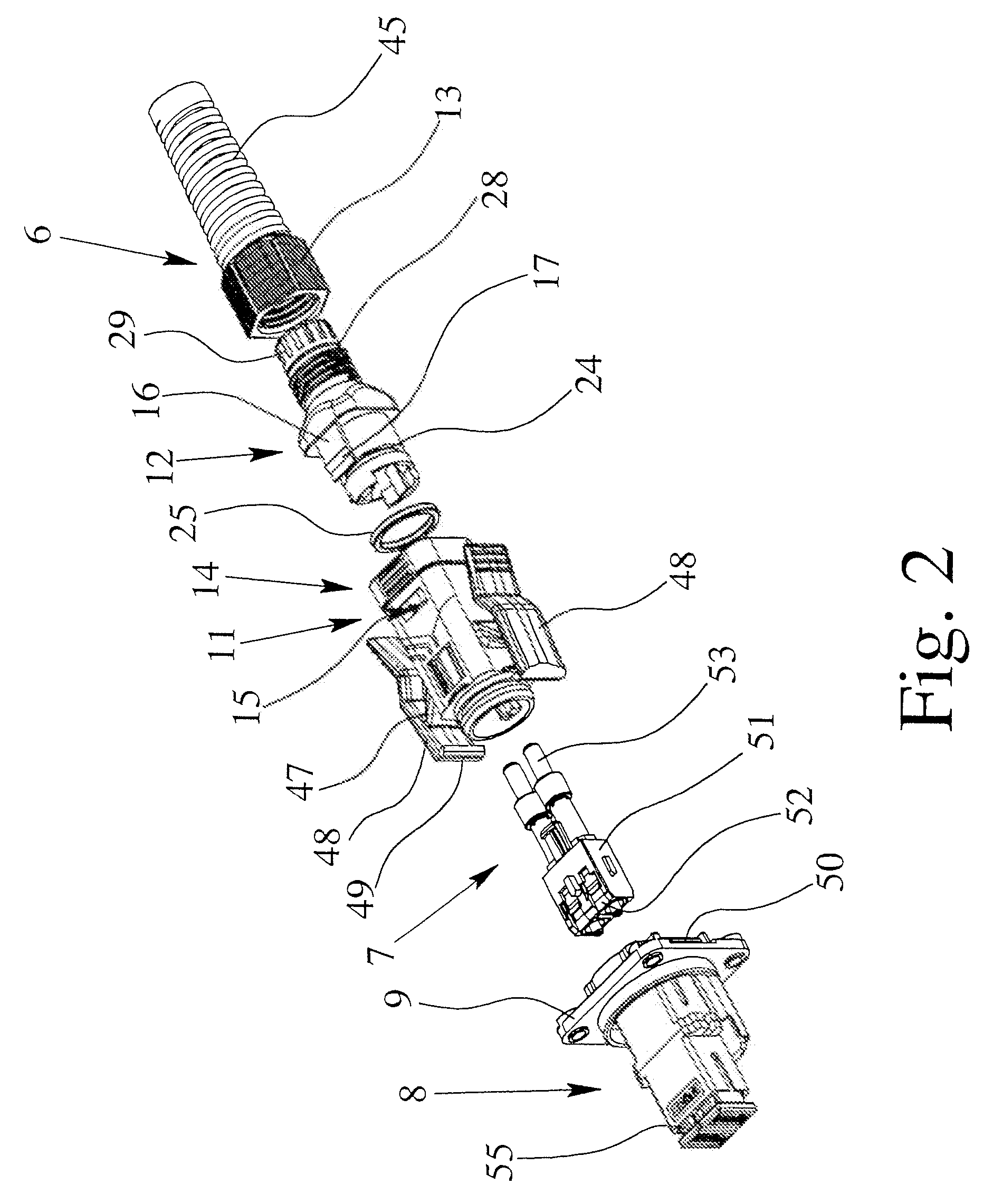 Connection device with a cable gland having housing parts enabling relative movement therebetween