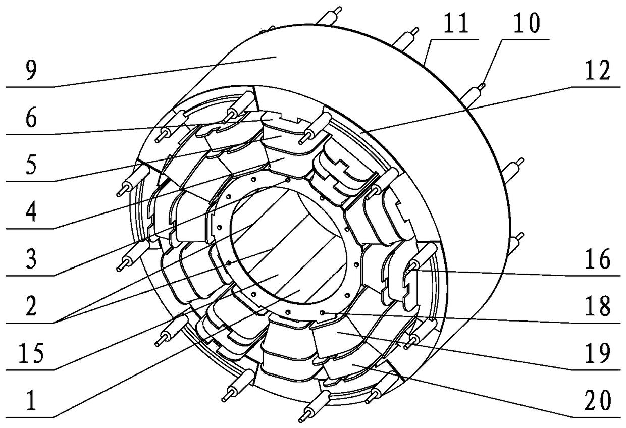 Magnetic pole spaced arrangement combined stator