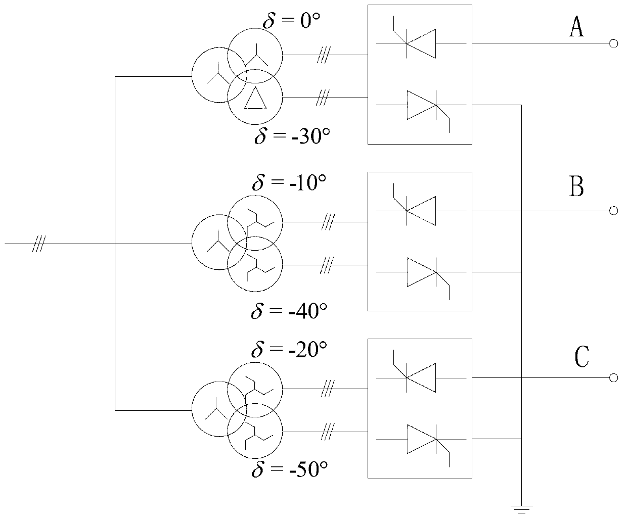 Improved alternative current-alternative current frequency converter system through utilization of phase-shifting transformer