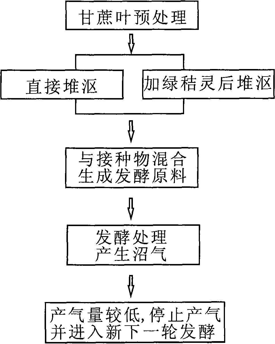 Method for preparing biogas by dry-fermenting sugarcane leaves as raw materials