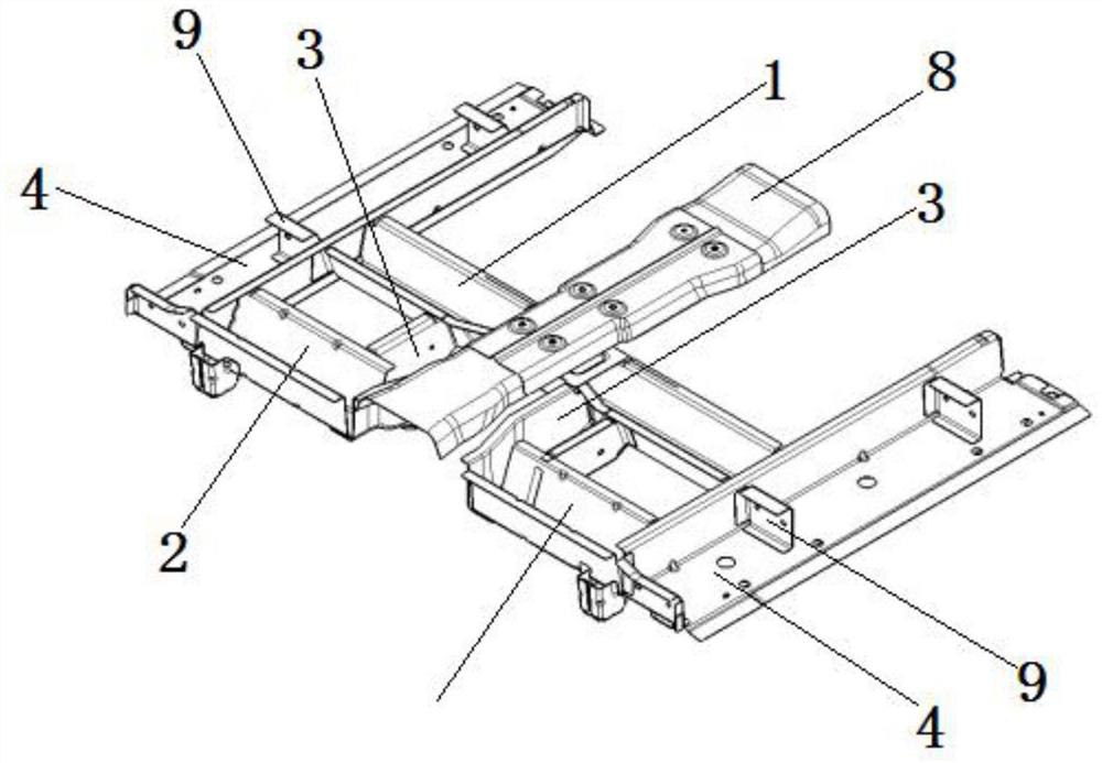 A body installation structure based on the front floor reinforcement beam structure of pure electric vehicles