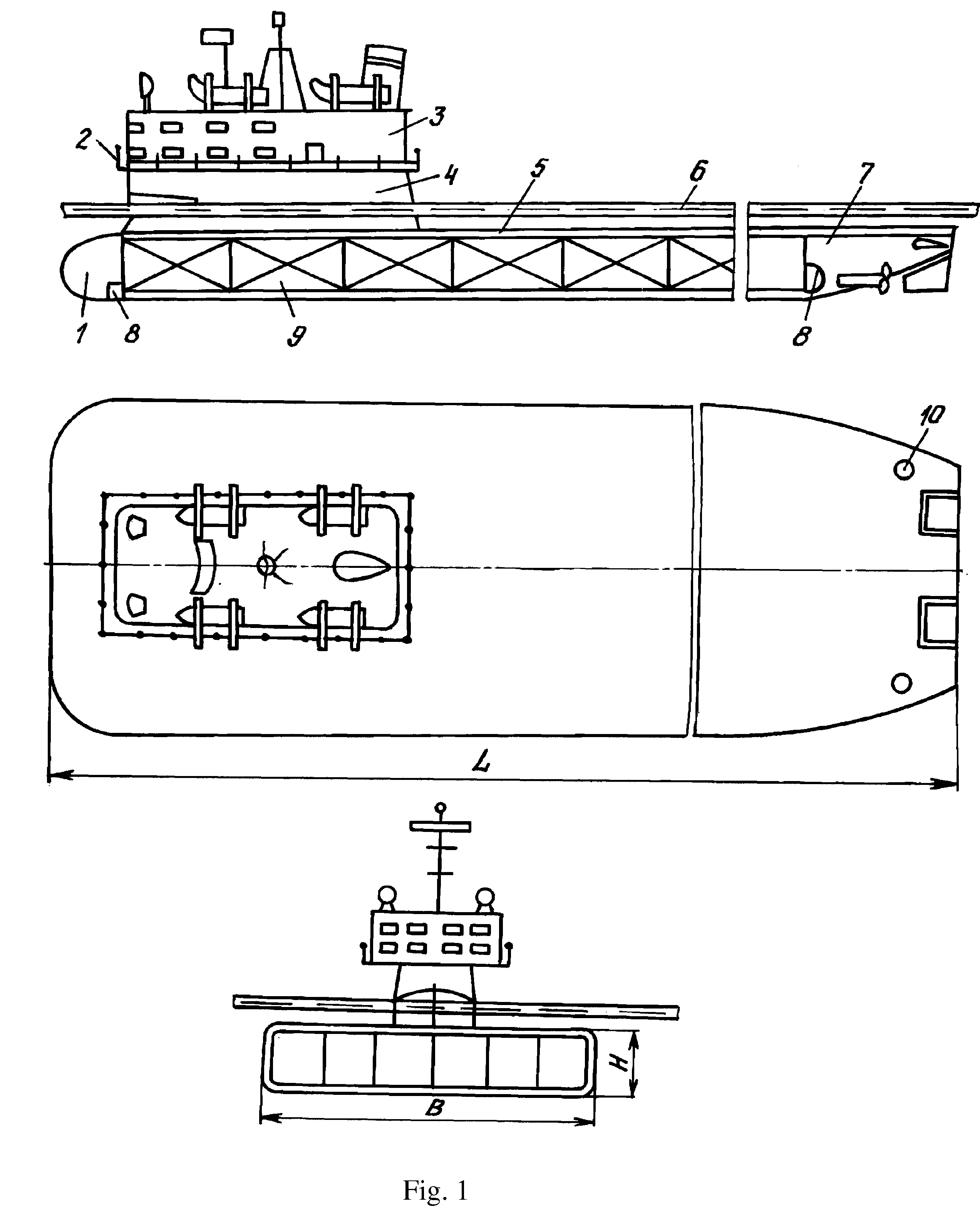 Arctic heavy-tonnage carrier and ice-resistant pylon for connecting the ship underwater and above-water bodies