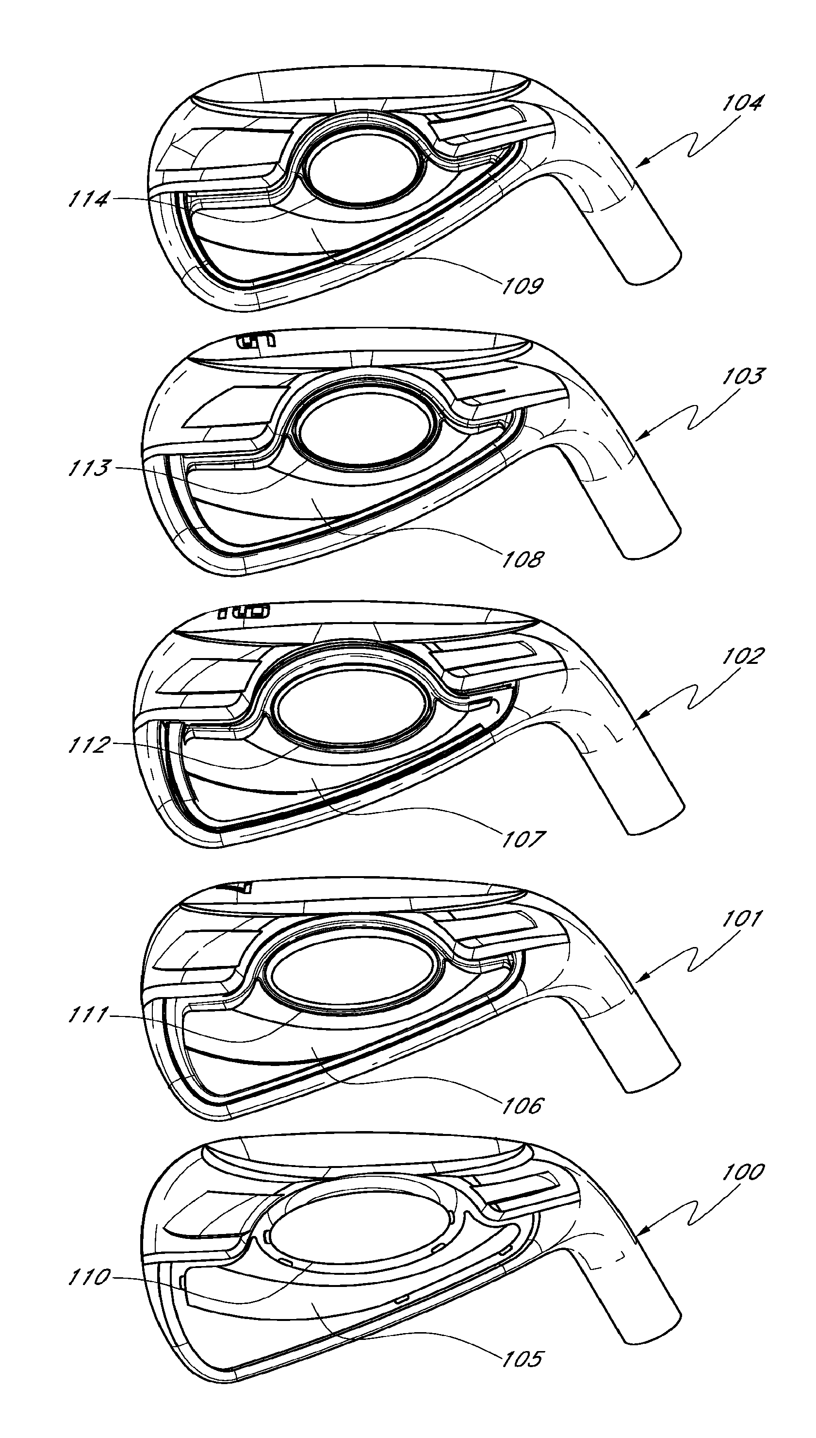 Progressive set of golf club heads