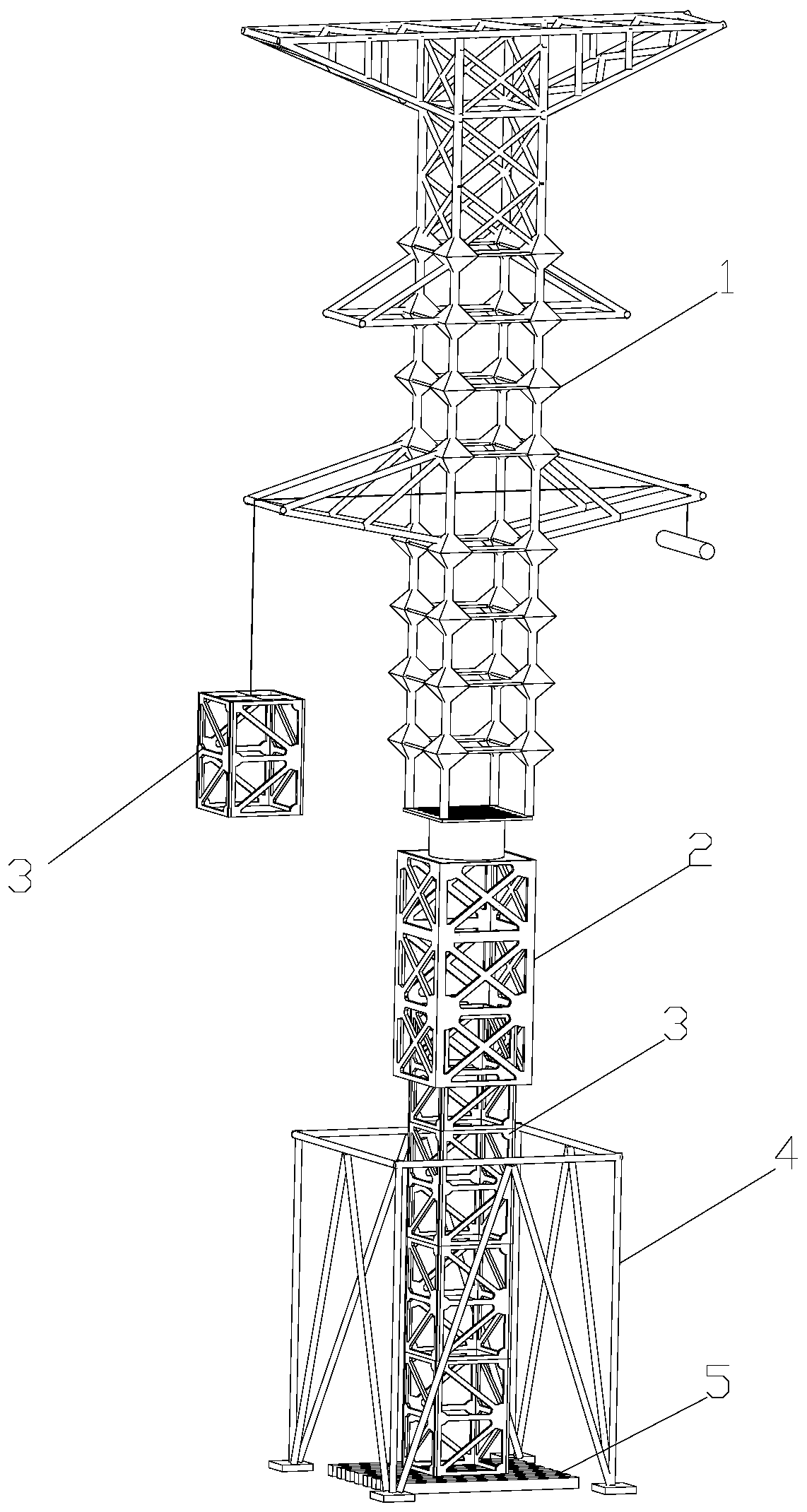 Self-lifting tower erecting device and method based on semi-rigid composite material tower head crane