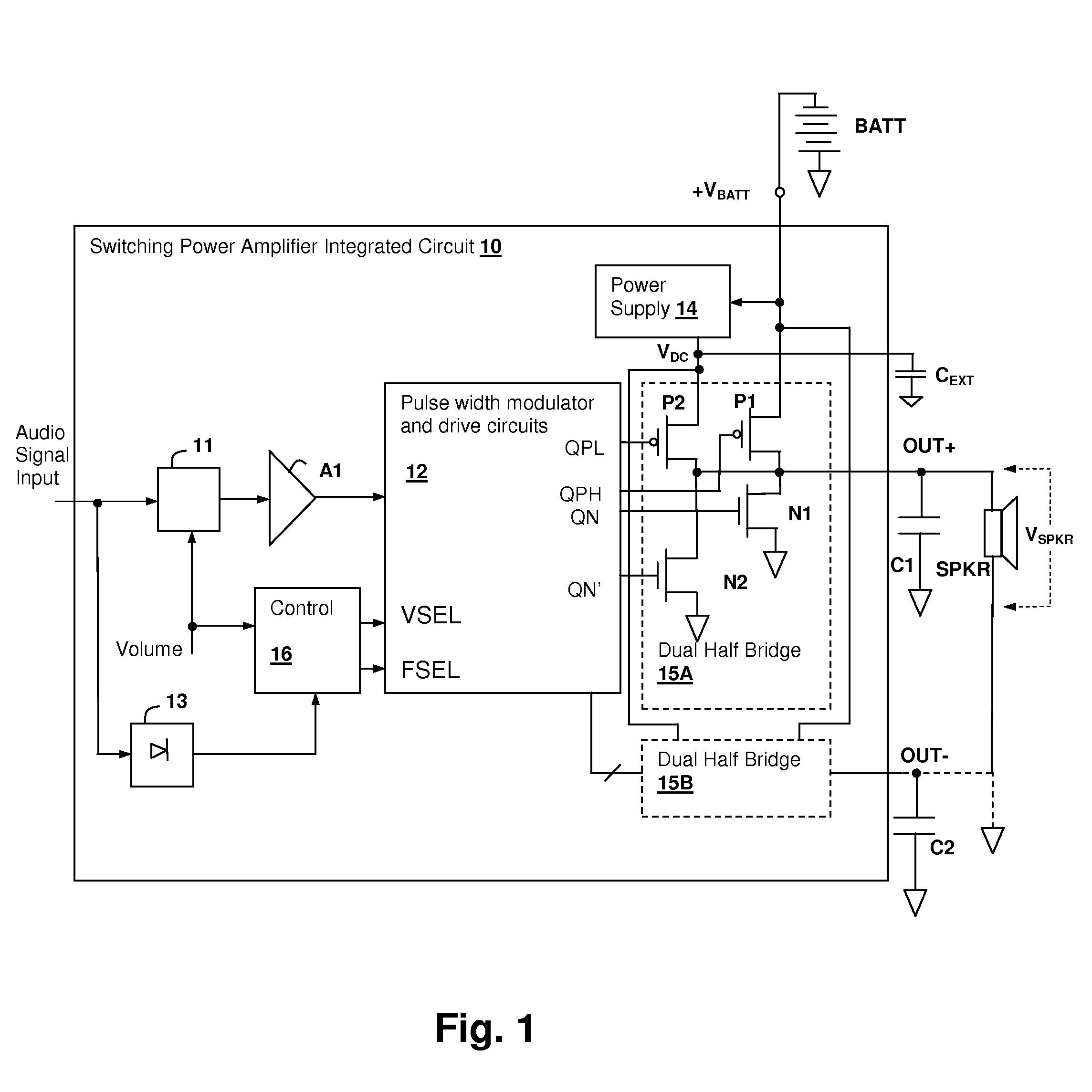 Pulse-width modulated (PWM) audio power amplifier having output signal magnitude controlled pulse voltage and switching frequency