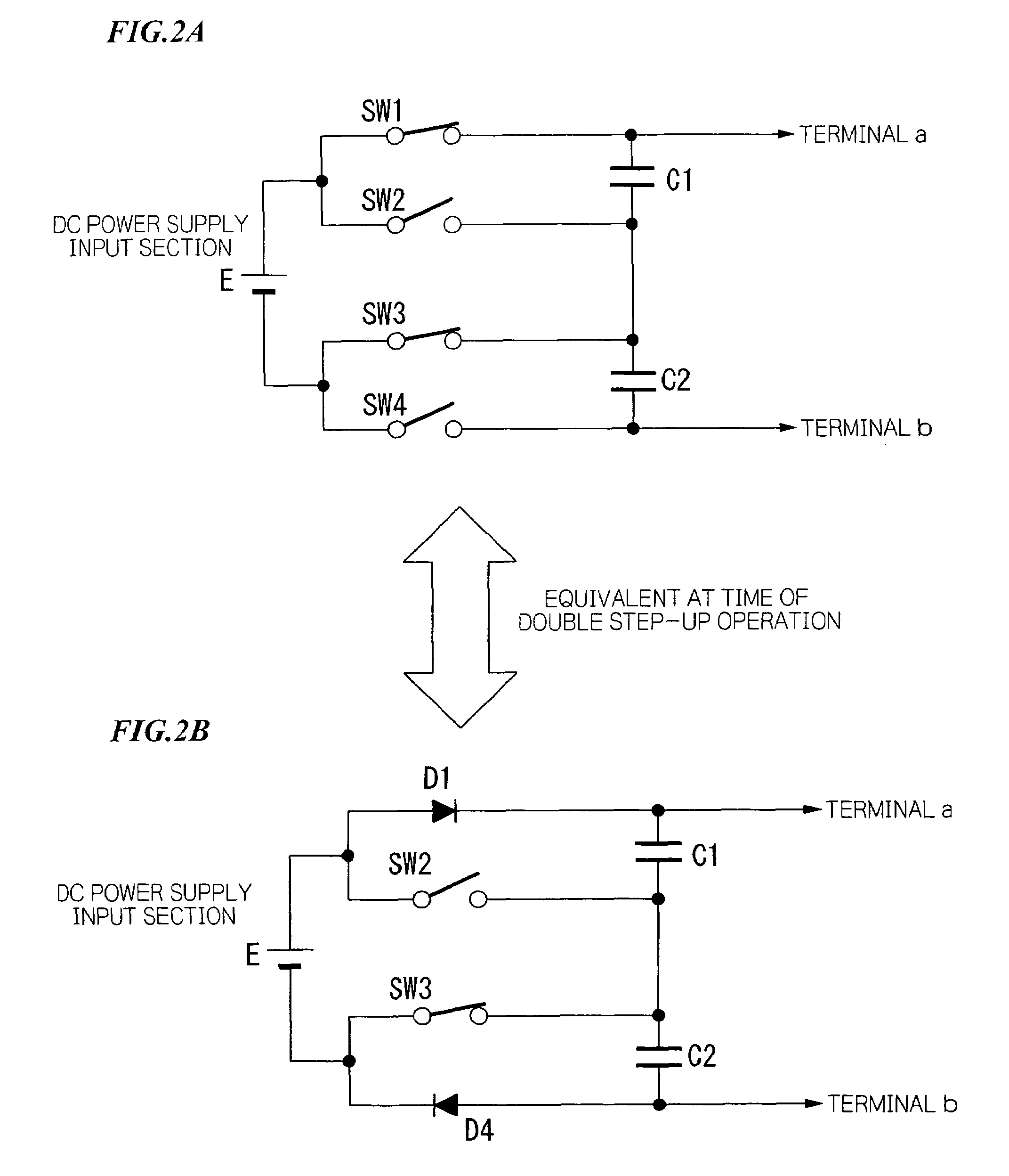 DC/DC converter having transistor switches with flywheel diodes and program for controlling the transistor switches
