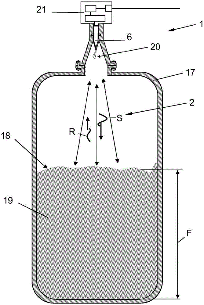 Fill level measuring device for determining and monitoring the fill level of a medium in the process space of a container by microwave transit time measurement