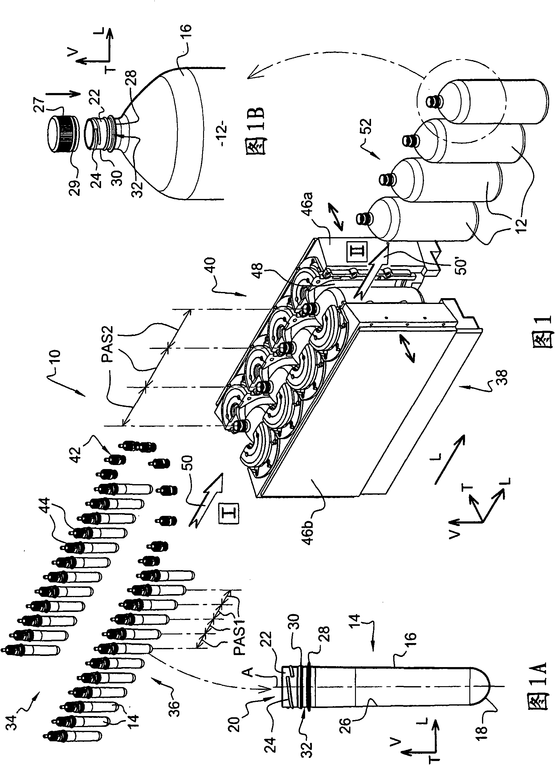 Transfer device and linear-type apparatus for the manufacture of containers