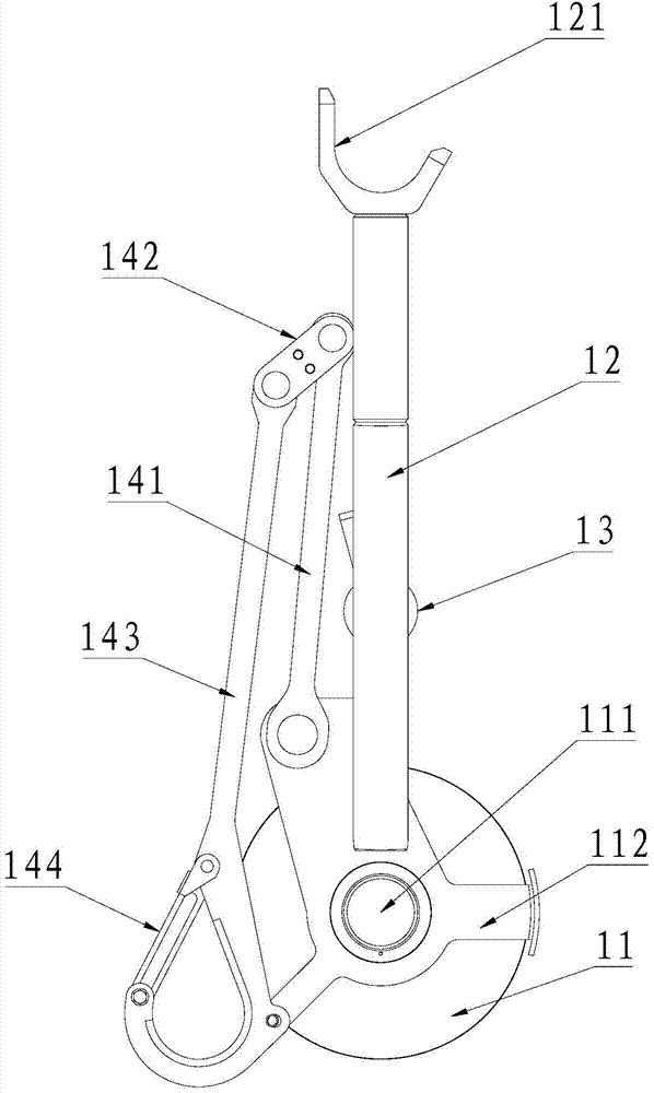 Arm tip pulley mechanism, self-disassembly method of arm tip pulley mechanism and crane