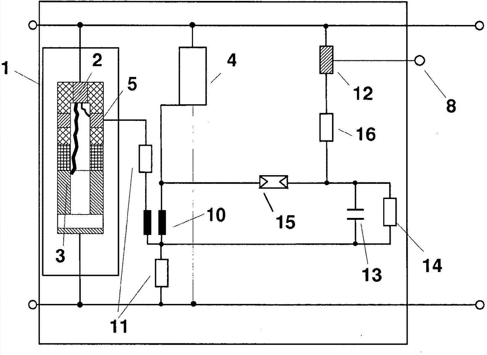 Encapsulated surge protection device capable of carrying lightning currents and limiting follow currents and comprising at least one spark gap