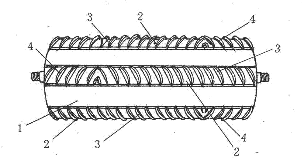 Threshing machine provided with positive and reverse spiral rack coiling roller