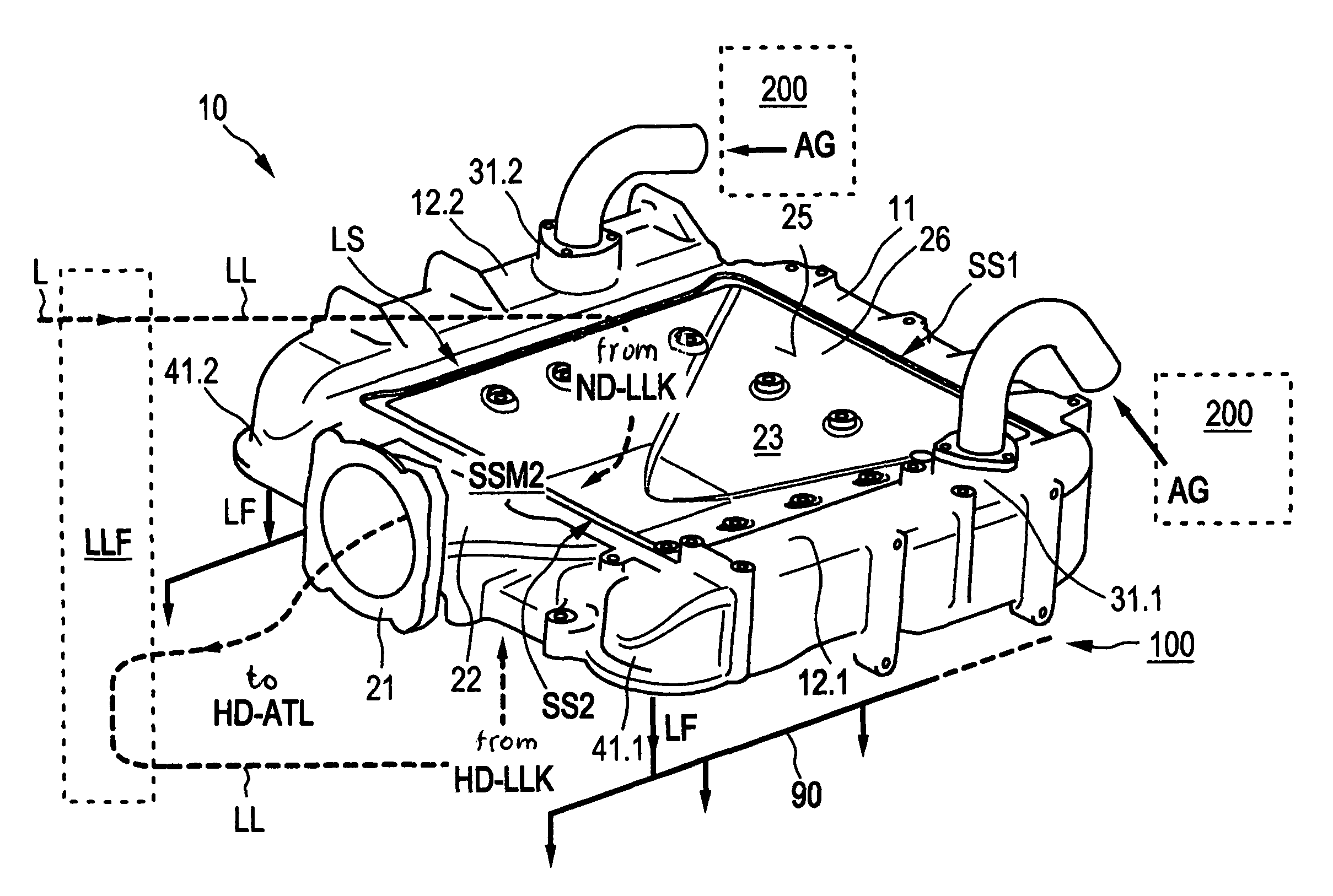 Connection box with charging fluid supply arrangement for an internal combustion engine