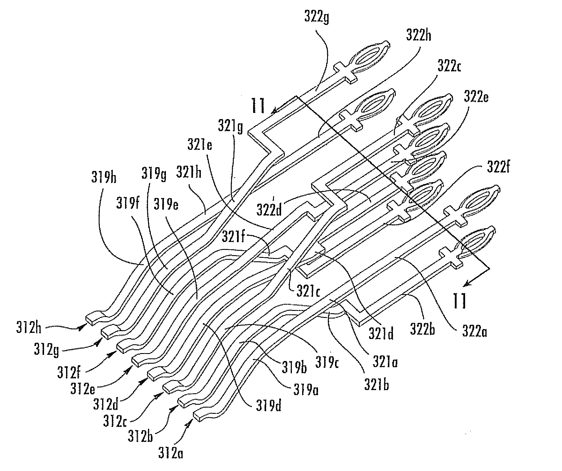 Communications connector with leadframe contact wires that compensate differential to common mode crosstalk