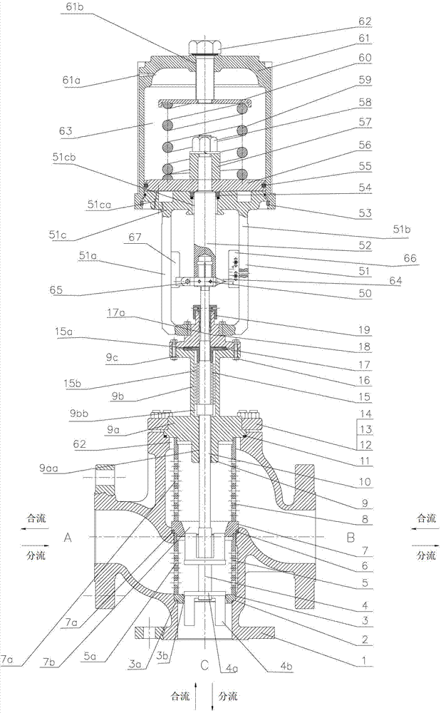 Pneumatic corrugated pipe type three-way adjusting valve