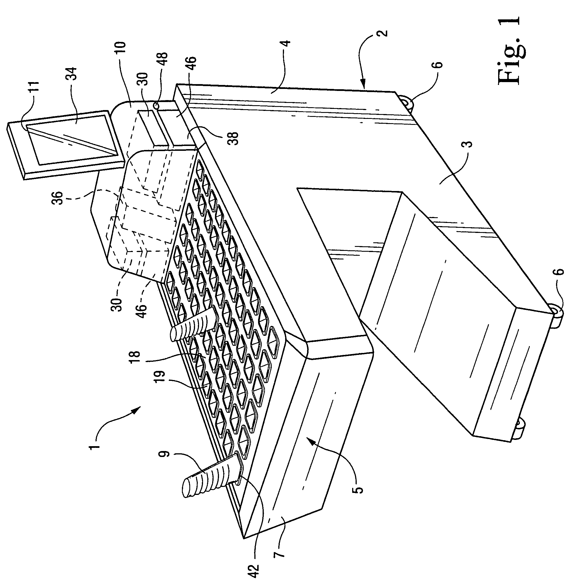 Dispensing device of portable terminals for acquiring product data in a shopping centre, integrated system for dispensing said portable terminals, and integrated system for selling products through the use of portable terminals