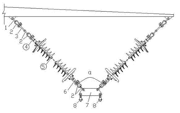 Composite insulator V-shaped overhung string for overhead transmission line