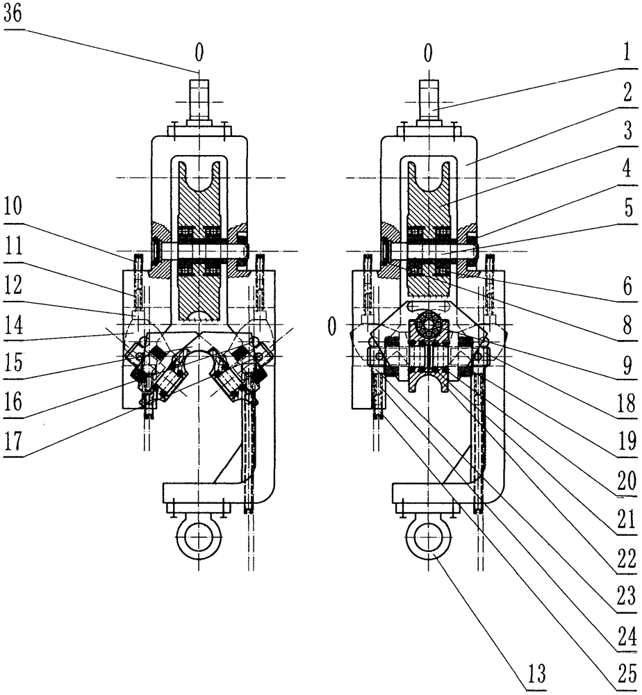 Crane tackle with plunger spring automatically conducting clamping during stress and five wheels rapidly hanging-in or quitting